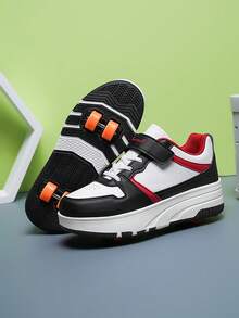 BLSART 1 par de patines de 4 ruedas con bloques de color y patchwork para niños, con cierre de gancho y bucle, suela gruesa antideslizante, ruedas desmontables 2 en 1 de doble uso, zapatos deportivos con ruedas para patinar casual al aire libre para niños - Negro - Ver 11