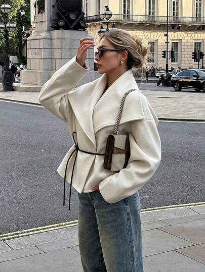 Elegant Women's Beige Open Front Wool Coat, Long Sleeve Dropped Shoulder Jacket With Belt, Suitable For Autumn/Winter Wear. Fall