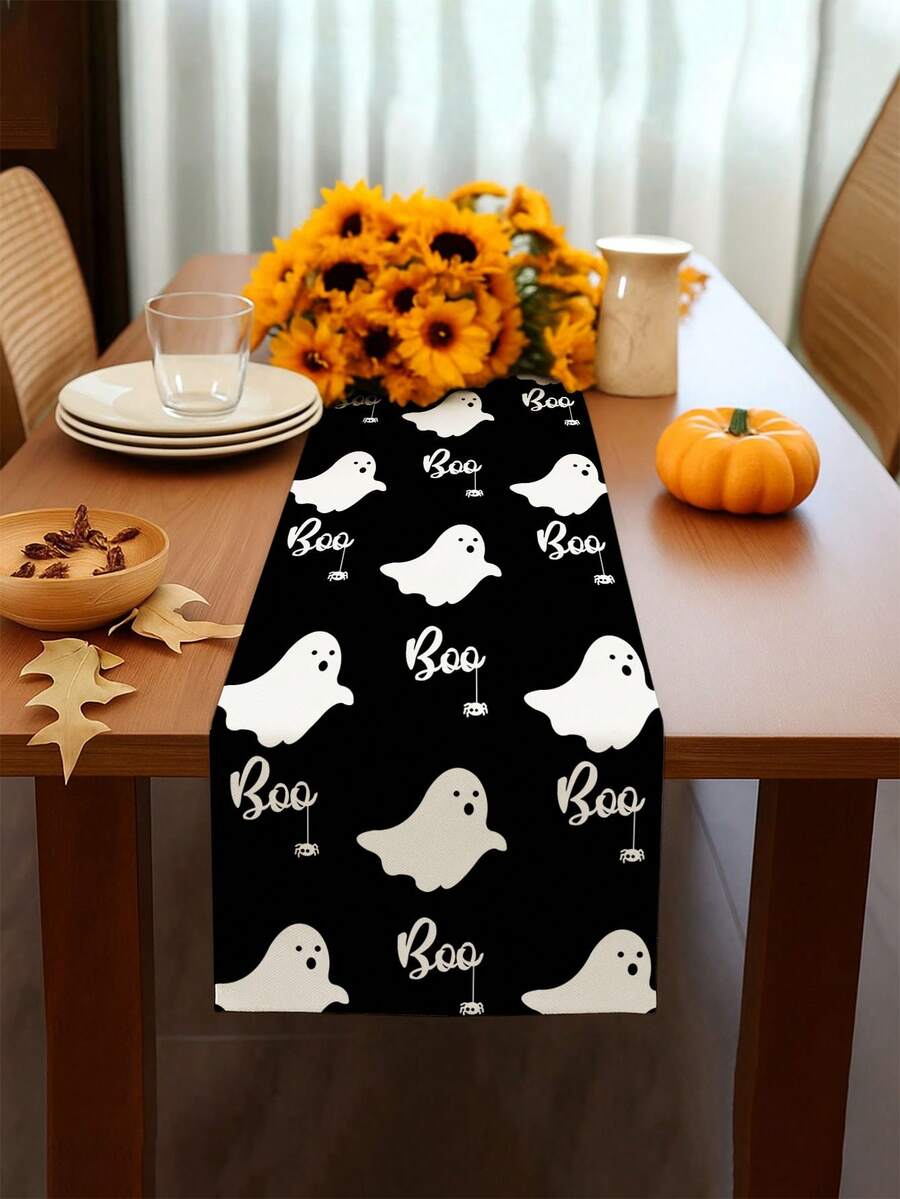 1pc,Minimalist American Halloween Style Table Runner,Microwave Dust Cover,Protective Cover,Rectangular Tablecloth,Washable,Suitable For Home Dinner,Coffee Table,Kitchen And Dining Room Decor,Dining Table Decoration Party And Scene Decor,Home Decor,Outdoor Patio Table Runner Decor,Entryway Decor,Fireplace Mantle Decor - Black and White - View 1