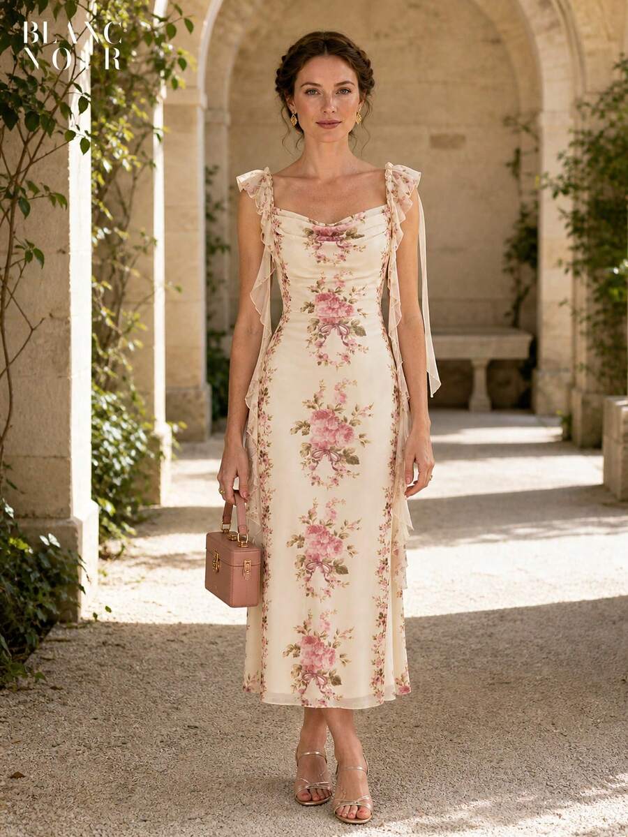 Cream Floral Print | Women's Elegant Cream Floral Print Sequin Mesh Ruffle Trim Bodycon Maxi Dress - 奶油花卉 - 查看 1
