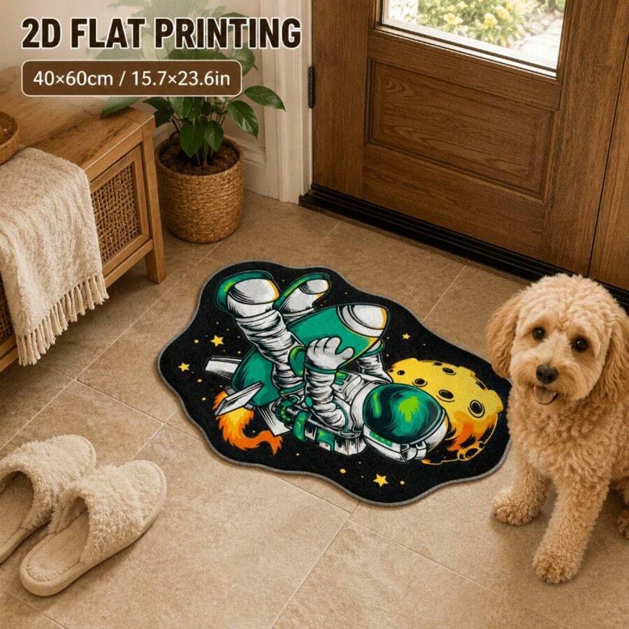 1pc Velvet 2D Printed Astronaut And Rocket Shaped Rug, Non-Slip Space Theme Decorative Mat, Machine Washable, Suitable For Bedroom, Living Room, Dorm And Home Decor - Multicolor - View 1