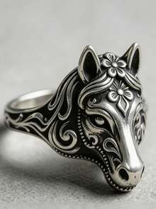 1 Pc Vintage Animal-Themed Ring, Engraved Scroll Animal Pattern, Unisex. No Box. - Antique Silver - View 4