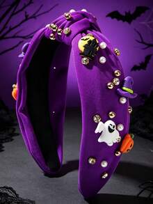 1 Stück Damen Halloween schweres Perlen- & Strass-Kürbis-Dekor verdrehter Haarreif - Violett - Übersicht 1