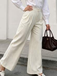 Women Fall Pinstripe Wide Leg Suit Pants High Waist Pleated Back Elastic Waistband Office Trousers With Pockets - Apricot - View 3