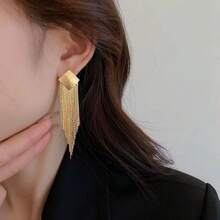 1 Pair Gold-Tone Square Long Tassel Stud Earrings - Yellow Gold - View 3