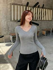 Grey Long Sleeve Knit Sweater Base Layer Top For Women, Slimming Korean Style Early Autumn New Arrival - Grey - View 3
