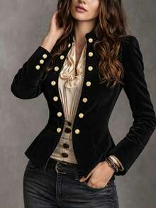 Women's New Fashion Elegant Double-Breasted Design Jacket, Spring/Autumn Solid Color Casual Outerwear - Black - View 3
