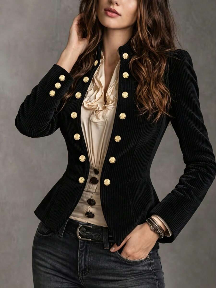 Jaket Wanita Model Terbaru Elegan dengan Desain Kancing Ganda, Pakaian Luar Kasual Warna Polos untuk Musim Semi/Gugur - Hitam - View 1