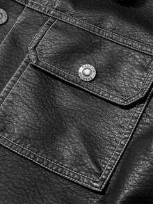 Men's Autumn/Winter Minimalist Thermal-Lined Leather Jacket With Pockets - Black - View 8