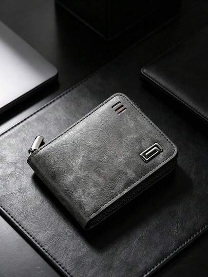 5/1 Peça Peça Carteira Masculina Retrô de PU com Zíper, Placa Decorativa de Metal, Bolsa Curta, Múltiplos Compartimentos para Cartões, Bolso para Moedas, para Uso Diário e Comercial