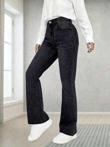 Teen Girls' Classic Versatile Stretchy Comfortable Flared Jeans - Black - View 2