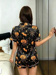 Dreamivo Women's Halloween Skull Ghost Pumpkin Print Collared Button-Up Shirt With Pockets Short Sleeve Top And Printed Shorts 2-Piece Pajama Set - Multicolor - View 2