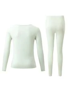 2pcs Women's Thermal Underwear Set, Crew Neck Top + Pants, Winter Base Layer Tight-Fitting Innerwear - Mint Green - View 3