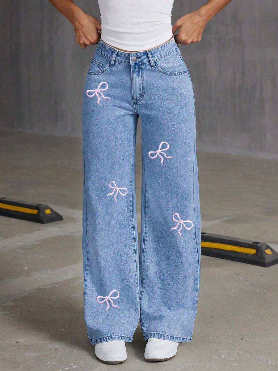 Teen Girls' Loose Fit Bow Print Casual Comfortable Flared Denim Jeans - Medium Wash - View 1