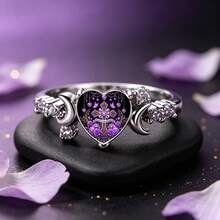 Vintage Purple Rose Cross Heart Women's Ring, Crescent Zirconia Promise Ring, Christian Faith Butterfly Religious Jewelry Gift - Silver - View 5