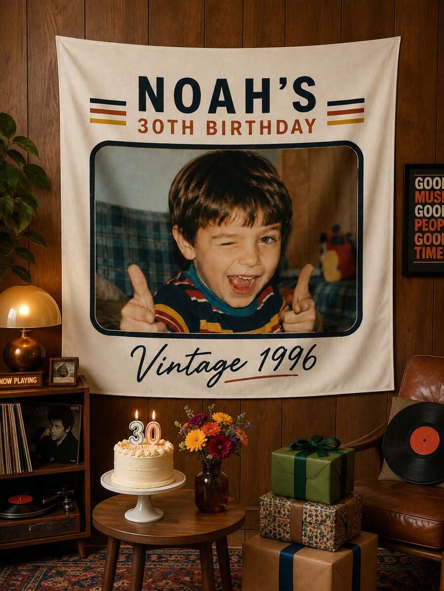 Custom Photo Wall Tapestry, Personalized Birthday Banner (Includes Photo And Text), Vintage Newspaper Style Fabric Poster, Birthday Party Decoration, Custom Commemorative Gift, Suitable For Home And Friends Room Wall Decoration Personalized Celebration Decor - Multicolor - View 1