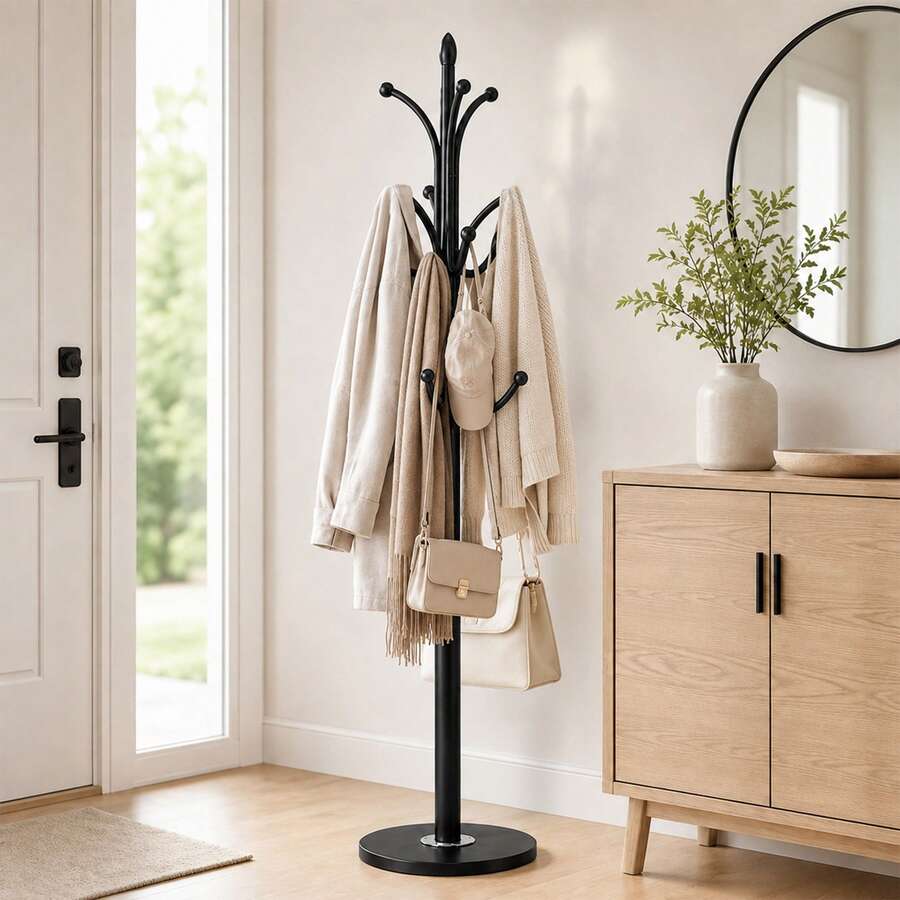 ERUIV 12-Hook Coat Rack, Tree-Shaped Metal Clothes Rack With Round Base, Freestanding Hallway Coat Stand For Jackets, Coats, Hats, Bags And Scarves, Suitable For Entryway, Bedroom And Living Room