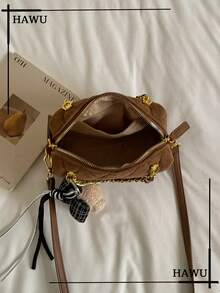 Quilted Faux Suede Mini Boston Bag For Women, Chain Handle Crossbody Purse, Small Shoulder Handbag With Bear Charm Pendant - Brown - View 5
