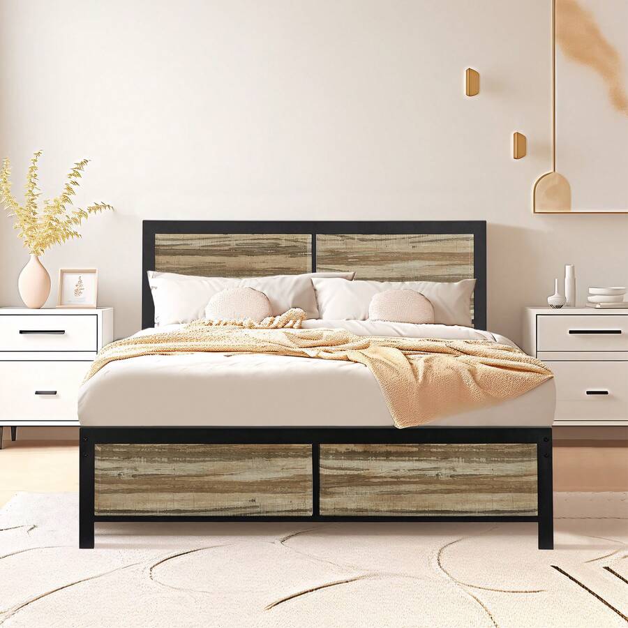 VECELO Single Size Bed Frame With Wooden Headboard And Footboard, Metal Platform Bed, Easy To Assembly - Khaki - View 1