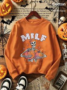 كنزة هالوين نسائية بطبعة جمجمة ويقطين ونص 'MILF' و'MAN I LOVE FALL'، برتقالية بياقة طاقم وأكمام طويلة - البرتقالي - مشاهدة 1