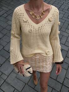 Yepolly-Pop Women For Autumn Elegant Cream Crochet Knit Cardigan, V-Neck 3D Floral Bell Sleeve, Office Daily Party Date Back To School - Apricot - View 2