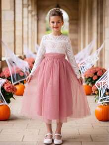 Tween Girl Hollow Back Long Sleeve Pearl Lace Contrast Mesh Tie Party Evening Gown - Dusty Pink - View 5