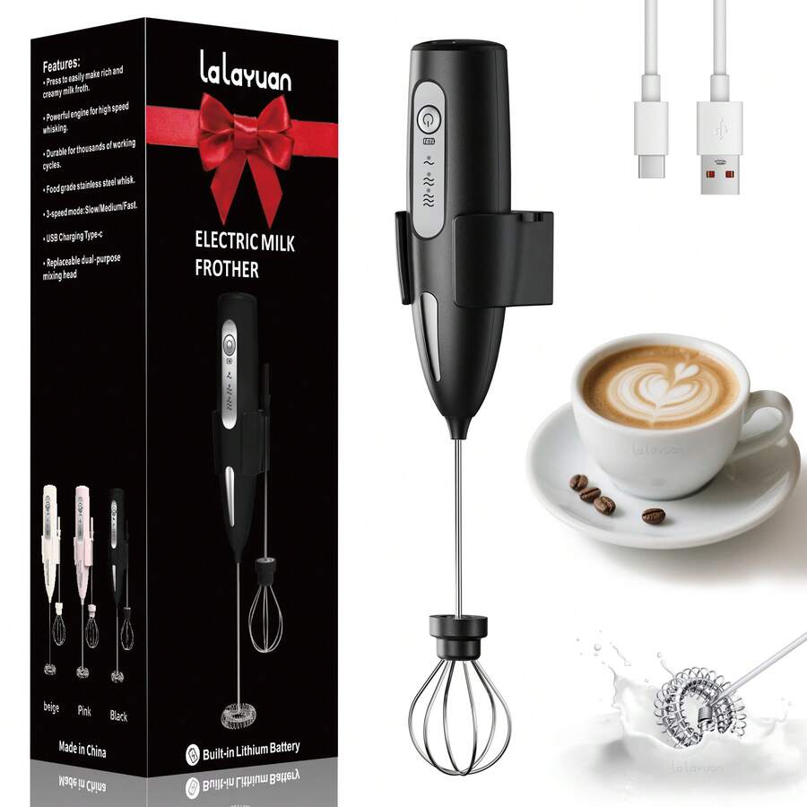 Lalayuan 1pc Mini Portable USB Rechargeable 3-Speed Handheld Milk Frother/Egg Beater, Includes Charging Cable - View 1