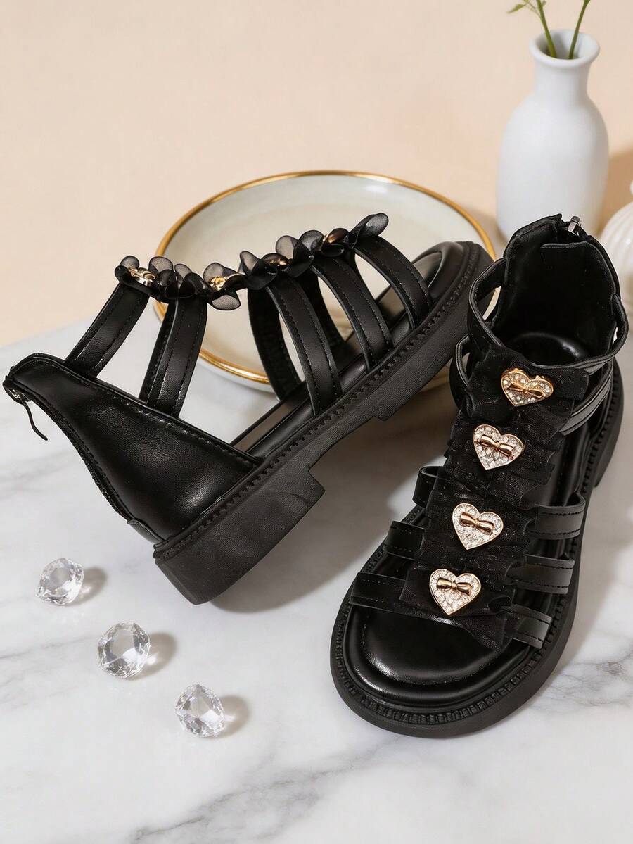 New Girls' Stylish Breathable Hollow Design High-Top Roman Sandals, Mesh Ruffle With Rhinestone Heart Decoration, Back Zipper For Easy On/Off, Thick Non-Slip Soft Sole, Sweet Versatile For Summer Daily Wear, Outings And School - Black - View 1