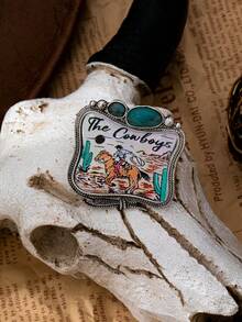1/3 Pc Vintage Western Cowboy Printed Statement Ring, Retro Inlaid Oversized Cocktail Ring, Boho Cowgirl Fashion Jewelry For Women Party Daily Wear - Multicolor - View 2