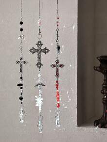 1pc Vintage Carved Metal Cross Crystal Hanging Ornament, Rainbow Sun Catcher Pendant, Suitable For Yard, Home, Bedroom Or Car Rearview Mirror Window Decoration, Faith Gift - Cross Pendant - View 3