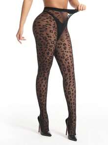 1pc Women 20D Leopard Jacquard Pattern Sheer Nylon Blend Stretchy Slim Fit Sexy Fashion Pantyhose For Daily Date Night - Black - View 7