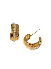 1 Pair Wrinkled Texture Gold C-Hoop Pearl Earrings, Luxury High-End Niche Design, Crushed Pearl Hoop Earrings, Commute Versatile Vintage Elegant Face-Slimming, 18K Gold Plated Unique Design, Gentle French Style Earrings Suitable For Women's Daily Wear And Office Commute - C-shaped Pearl Earrings - View 6