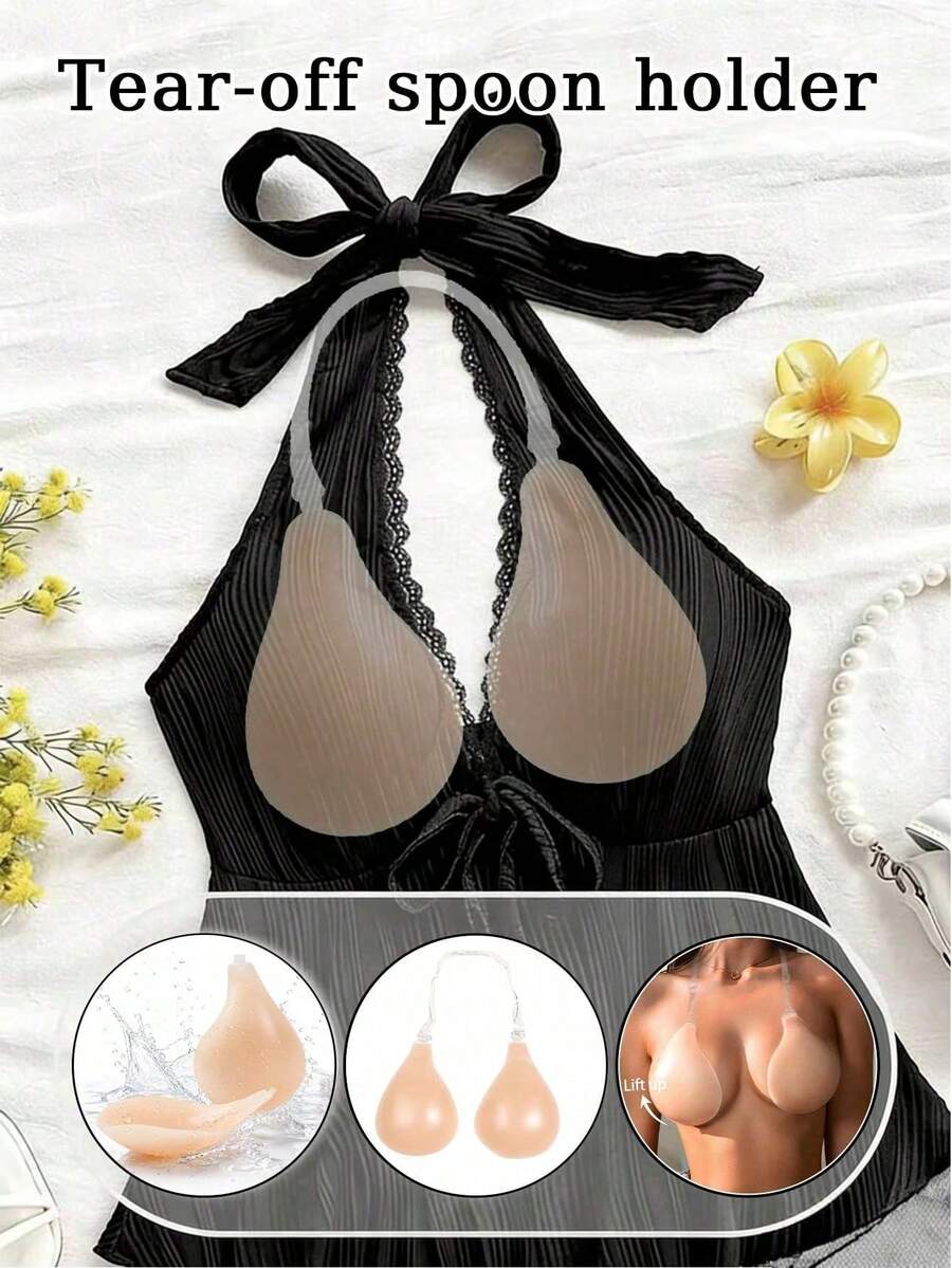 1Pair Invisible Adhesive Push-Up Bra With Clear Halter Neck Strap, Reusable Sticky Strapless Lift Bra For Deep V Tops, Backless Dresses, Swimwear & Wedding Gowns - Multicolor - View 1
