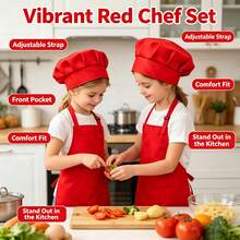 Adjustable Shoulder Strap Kids Chef Costume Apron & Hat Set, Baby Painting Apron, Multi-Purpose Set: Little Chef Role Play All-In-One For Baking, DIY, Painting, Chef Pretend Play, Unlock Multiple Creative Play Styles, Gift For Boys & Girls - Apron - Red - View 2