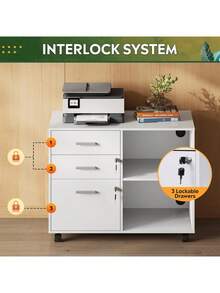 3 Drawer Mobile File Cabinet, Wood Lockable Drawers Printer Stand With Open Storage Shelf Fits A4 Or Letter Size For Home Office, White Father's Favorite Gift - A4 - View 3