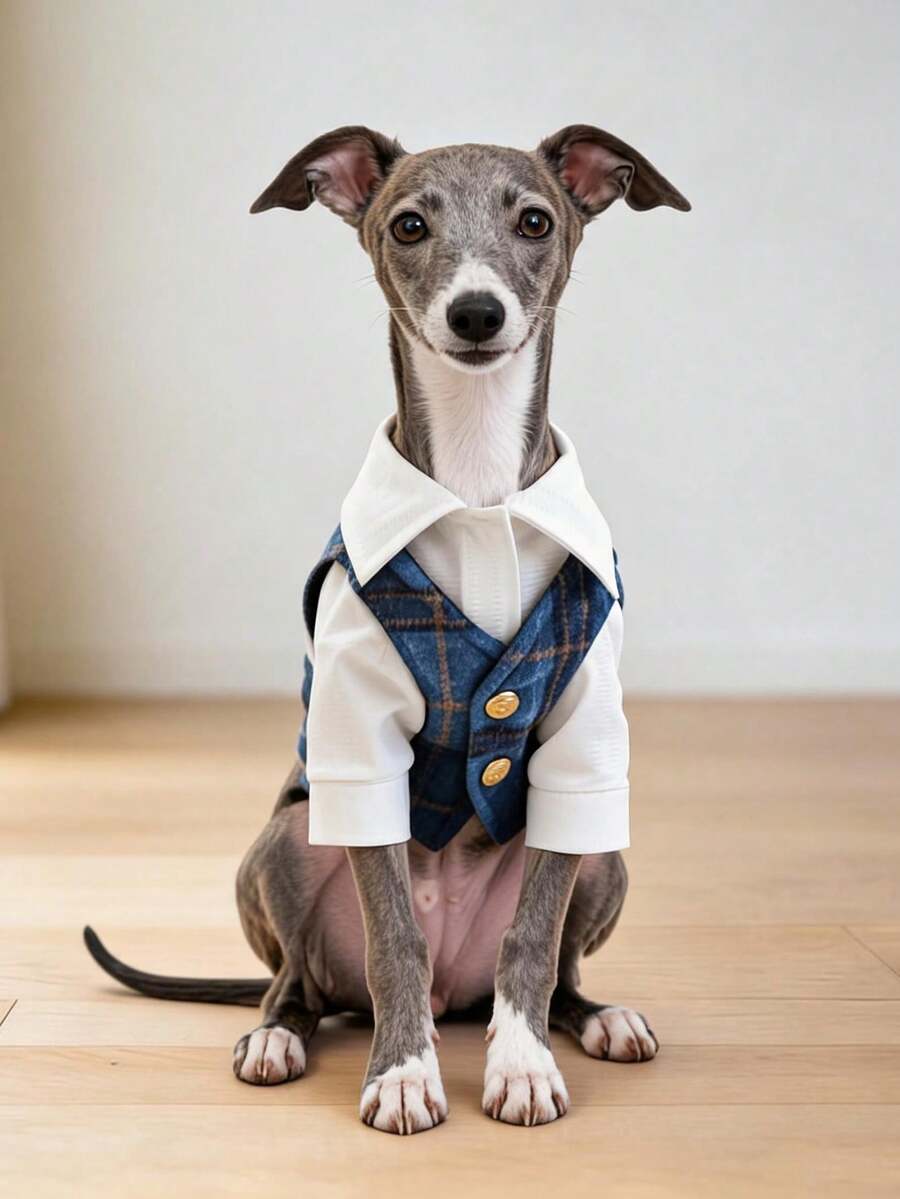 PETCIRCLE 1pc Pet Clothes Dog Cat Apparel Small Dog Cute Pet 2 In 1 Lapel Plaid College Style Little Gentleman Vest - Blue Plaid - Blue - View 1