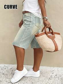Mid-Waist Non-Stretch Vintage Retro Casual Women's Plus Size Denim Bermuda Shorts - Dark Wash - View 3