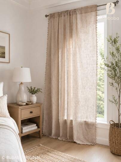 Bubaba 1pc Beige Linen Blackout Curtain, Bohemian Farmhouse Style Tassel Blackout Bedroom Decor Privacy Curtain, Suitable For Home, Party, Living Room, Dining Room, Hallway, Kitchen, Bedroom, Gym, Cafe, Window, Door, Wedding, Vacation, Daily, Hotel, All Seasons