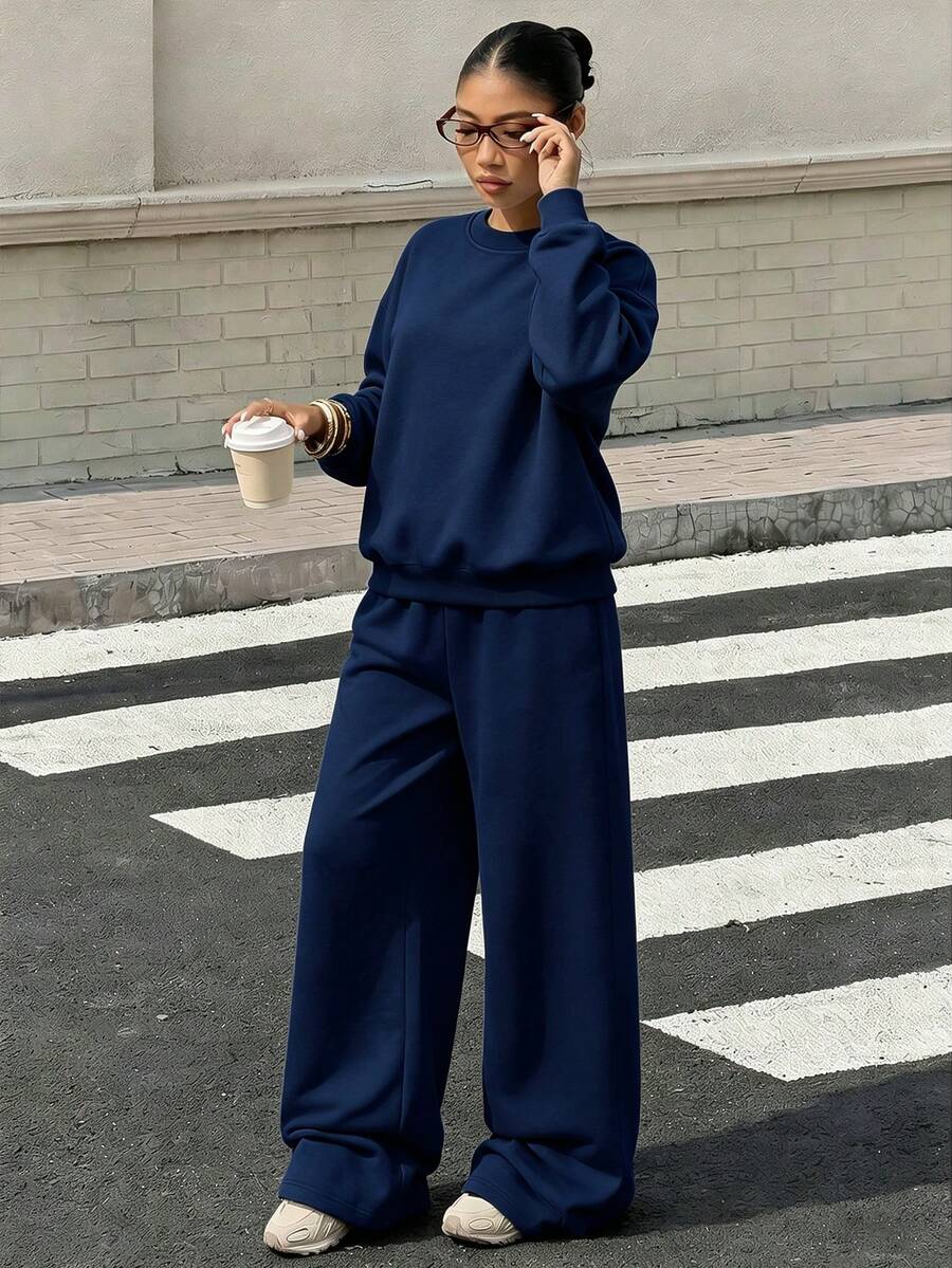 2 Pieces Set Oversized Crew Neck Sweatshirt And Wide Leg Pants For Teen Girls, Solid Color Drop Shoulder Crew Neck Long Sleeve Sweatshirt + Loose Wide Leg Pants Set, Suitable For Autumn/Winter Daily Wear - Navy Blue - View 1
