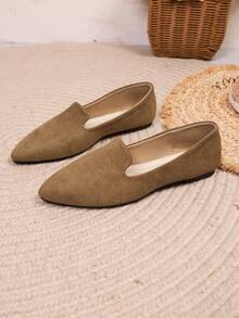 1 Pair Women Khaki Pointed Toe Slip‑On Loafers Fashion Flat Shoes - Khaki - View 1