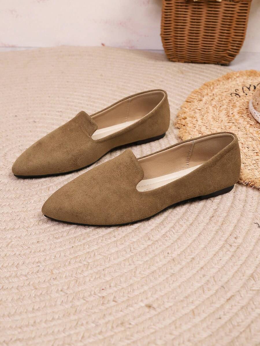 1 Pair Women Khaki Pointed Toe Slip‑On Loafers Fashion Flat Shoes - Khaki - View 1