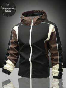 Men's Functional Outdoor Hooded Jacket With Line Piping And Patchwork Design, Suitable For Hiking, Climbing, Camping, Commuting, Shopping And Various Scenarios - Black - View 1