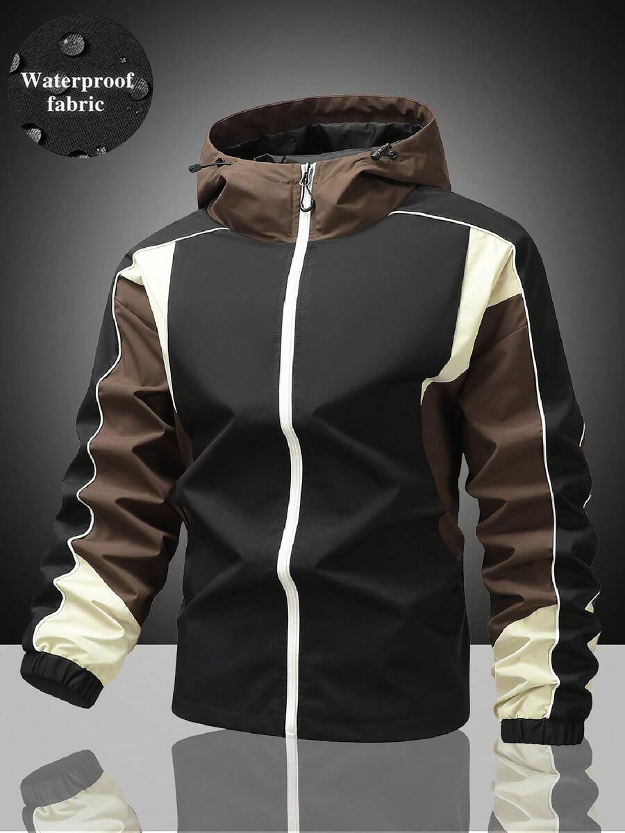 Men's Functional Outdoor Hooded Jacket With Line Piping And Patchwork Design, Suitable For Hiking, Climbing, Camping, Commuting, Shopping And Various Scenarios - Black - View 1