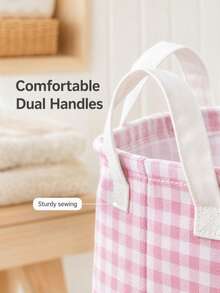 Portable Pink Fabric Storage Basket, Dual Handle Waterproof Laundry Basket, Suitable For Dormitory Bedroom And Bathroom, Large Capacity Grid Pattern Laundry Basket, Unisex, Closet Storage, Room Home Decor And Storage, Camping Travel Essential - Multicolor - View 12