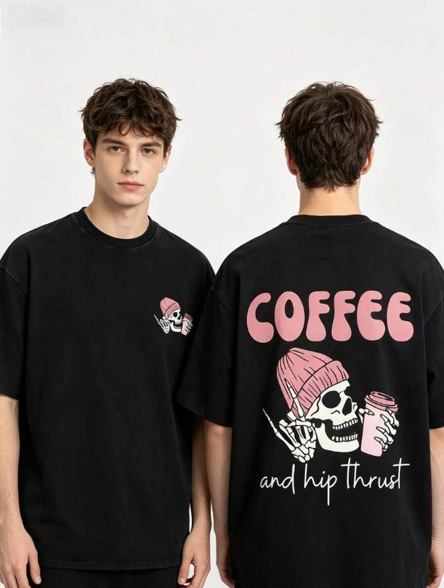 Summer, Loose Vintage Workout T-Shirt For Men, Thick 180g Cotton Material With Washed Skeleton Print, Breathable, Oversized - 黑色 - 查看 1