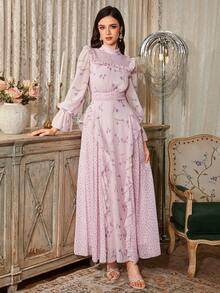 Gaun Wanita Elegan Modern Romantis Motif Bunga Lengan Panjang dengan Hiasan Ruffle dan Patchwork yang Melangsingkan - Berwarna merah muda - View 7