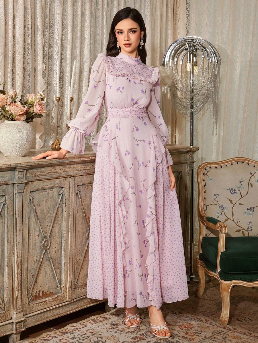 Women's Elegant Modern Romantic Floral Long Sleeve Ruffle Patchwork Design Slimming Elegant Dress - Pink - View 1