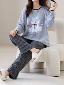Women's Round Neck Cartoon Puppy Print Pajama Set, Shell Flower Long Sleeve Top + Pants With Pockets, Cute Sleepwear Set, Women's Loungewear Set - Grey - View 3