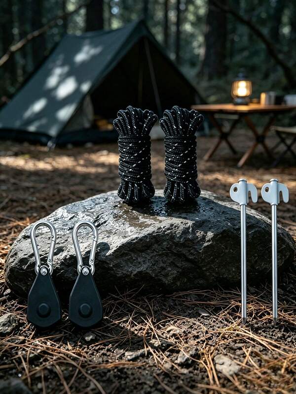1 Set Outdoor Tent Fixing Kit, Includes Windproof Rope, Metal Tent Stakes And Adjustable Rope Tension Clips