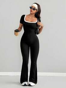 VENORA Contrast Trim Square Neck Cut Out Back Short Sleeve Flare Jumpsuit, Slim Fit High Waist Bodycon Jumpsuit For Daily Sports,Fall,Gym - Black - View 5